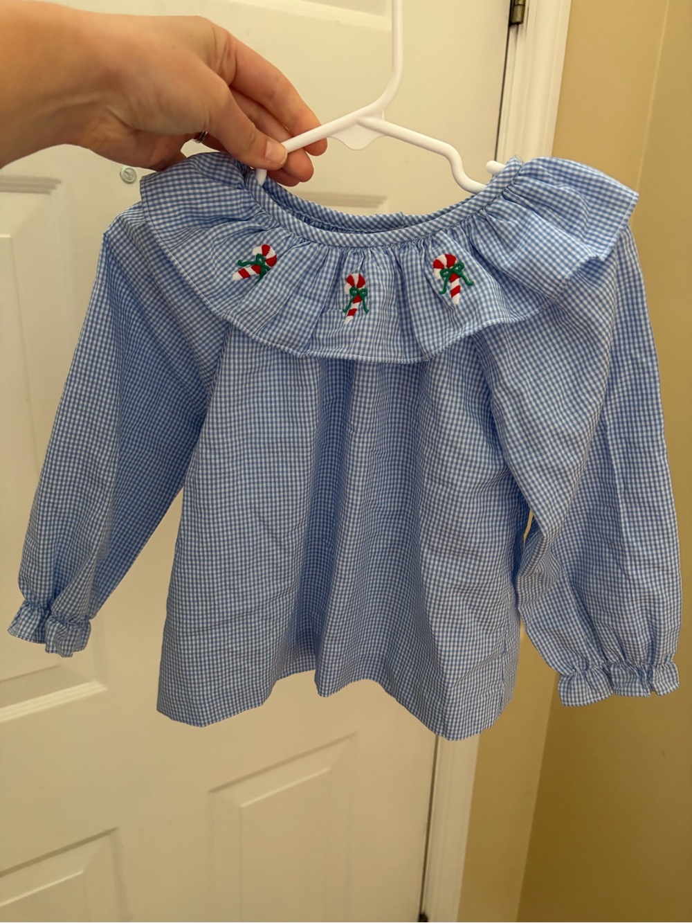 Little English Gingham Blouse with Candy Cane Embroidery
